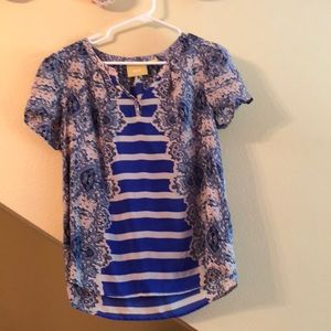 Anthropologie silk pink/blue short sleeve shirt